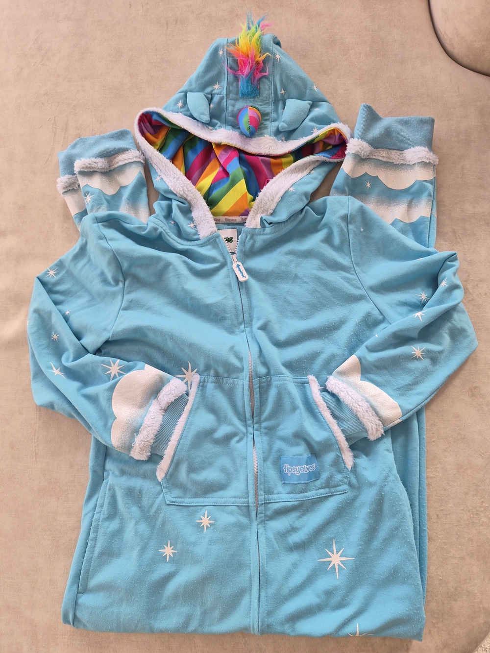 Tipsy Elves Kids Blue Rainbow Unicorn Onesie Jumpsuit (Fits Kids L / Tag XXL)